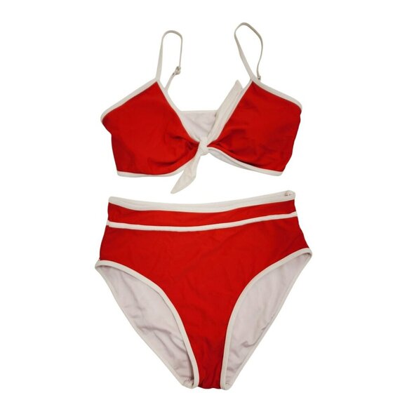 Red High-Waist Bikini Swimsuit White Trim Tie-Front Top Adjustable Straps Size L - Picture 1 of 5